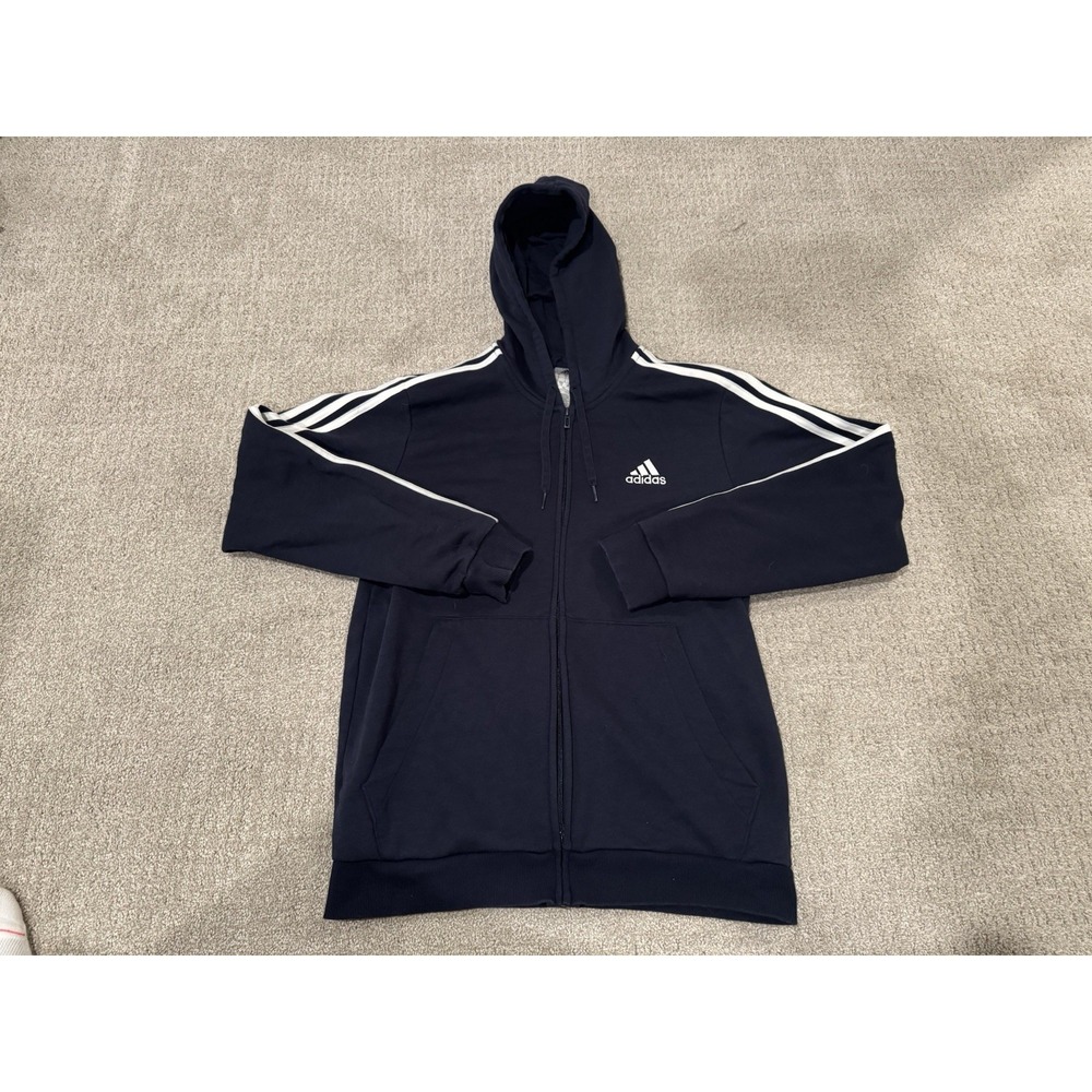 Adidas Mens Essentials Fleece 3-Stripes Full-Zip Hoodie Navy Blue Large 31315